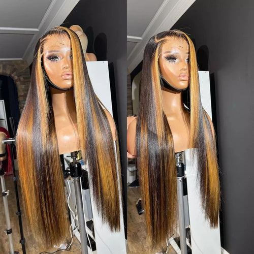 13x6 HD Lace Frontal Wig – Honey Blonde Highlights on Straight Virgin Human Hair (18”–26”)